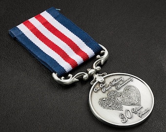 PÅ DITT 30-årsjubileum i pärlfärgad bröllopsdag, medalj för lång/framstående tjänst och mod i fält, gåva/present/make/hustru/partner, silver