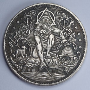 1899 Morgan Silver Dollar. Urizen/Mythology. Carved/Hobo Coin. 38mm 23g. .999 Plated Replica/Reproduction