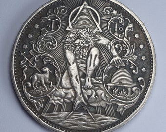 1899 Morgan Silver Dollar. Urizen/Mythology. Carved/Hobo Coin. 38mm 23g. .999 Plated Replica/Reproduction