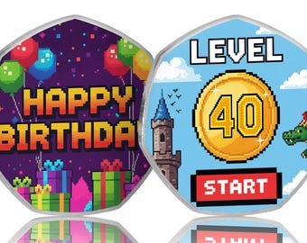 40th Birthday Full Colour Silver Commemorative Coin. Gift/Present Retro/Gaming Congrats Celebrating 40 Years Son/Daughter/Friend/Partner