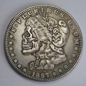 1897 Morgan Silver Dollar. Liberty/Skull/Death. Carved/Hobo Coin. 38mm 23g. .999 Plated Replica/Reproduction