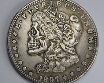 1897 Morgan Silver Dollar. Liberty/Skull/Death. Carved/Hobo Coin. 38mm 23g. .999 Plated Replica/Reproduction