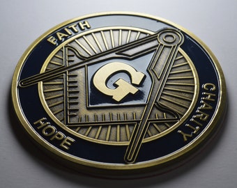 Emblema/decoración/insignia/calcomanía de coche MASONIC esmaltado grande. Escuadra y compás. Masonería, Masones, Logia. Insignia esmaltada, 75 mm