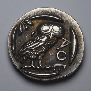 Ancient Greek Silver Athenian Tetradrachm Coin 450BC. Owl of Athena. 24mm 11g .925 Silver Plated. Museum Quality Replica, Reproduction