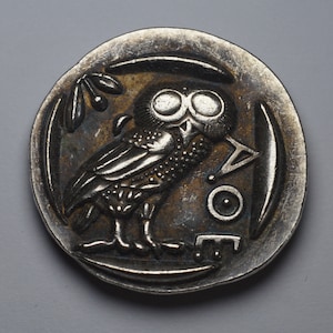 Ancient Greek Silver Athenian Tetradrachm Coin 450BC. Owl of Athena. 24mm 11g .925 Silver Plated. Museum Quality Replica, Reproduction