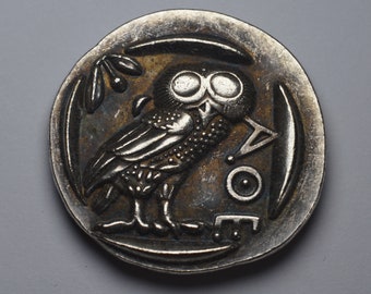 Antike griechische silberne athenische Tetradrachme-Münze 450 BC. Eule der Athene. 24mm 11g .925 Silber überzogen. Replik, Reproduktion in Museumsqualität