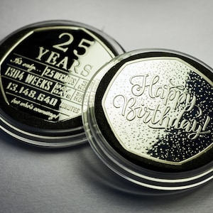 Gloednieuwe zilveren herdenkingsmunt 25e verjaardag in capsule. Cadeau/cadeau Gefeliciteerd/feestje/ideeën ter ere van 25 vijfentwintig