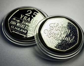 Brand New 25th Birthday Silver Commemorative in Capsule. Gift/Present Congratulations/Party/Ideas Celebrating 25 Twenty Five