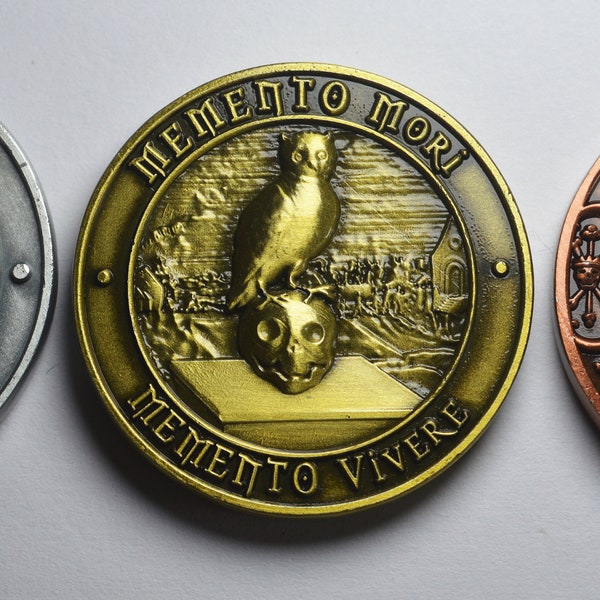 Trio of Memento Mori/Vivere Reminder Coins in Capsules. Stoic/Reflection. Tempus Fugit. High Relief, Heavy. Antique Gold, Silver, Copper