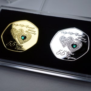 Pair of 55th EMERALD WEDDING ANNIVERSARY Silver & 24ct Gold Commemoratives with Gemstones. Display/Presentation Case. Gift/Present 55 Years