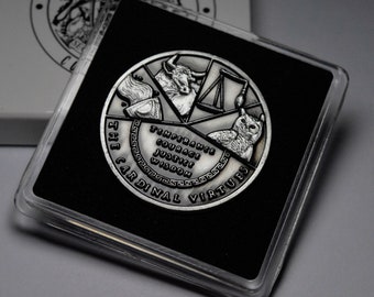 May include: A silver coin with a black and white design featuring a bull, scales, an owl, and a Greek key border. The coin reads "The Cardinal Virtues" and "Temperance, Courage, Justice, Wisdom".