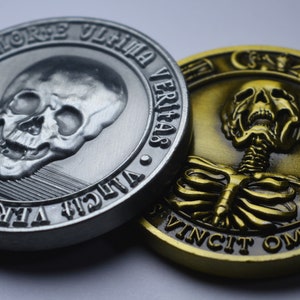 Pair of Memento Mori/Vivere Reminder Coins in Capsules. Owl/Wisdom/Skull Stoic/Reflection. High Relief, Heavy. Antique Gold, Copper