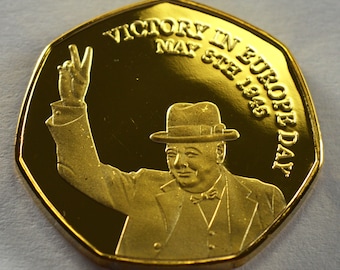 Extremely Rare 24ct Gold Winston Churchill VE Day Commemorative Coin for Albums/Collectors/Coin Hunt 50p NEW WW2