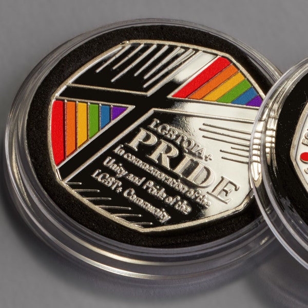 Gay Pride LGBT+ Full Colour Silver Commemorative in Capsule. Pride UK 50 Years 2022. Rainbow. LGBTQLA+ Unity, Acceptance, Respect, Equality