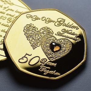 50th GOLDEN WEDDING ANNIVERSARY 24ct Gold Commemorative with Gemstone. Gift/Present 50 Fifty Years Together