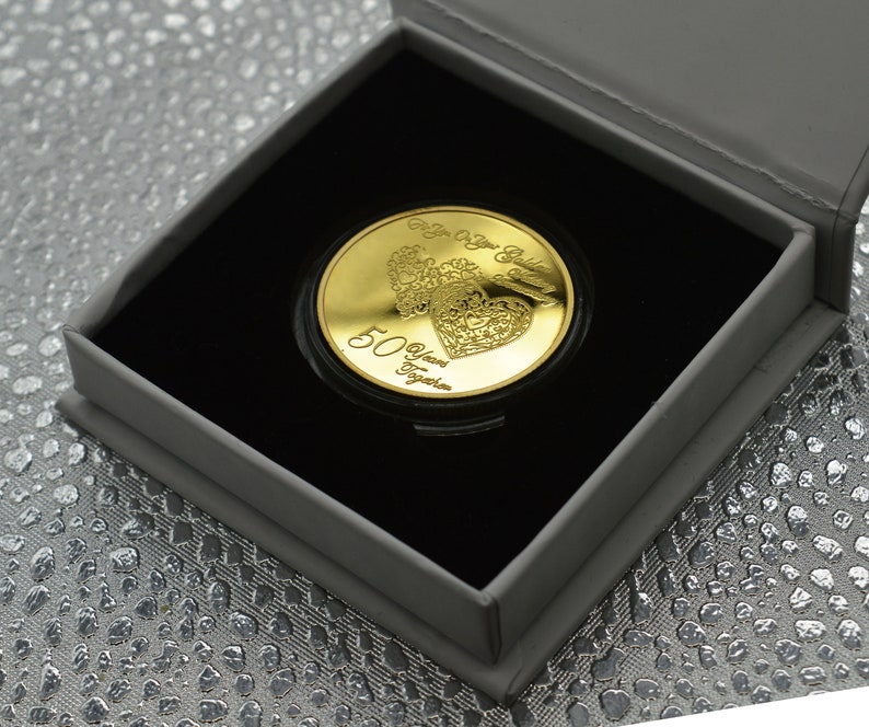 50th GOLDEN WEDDING ANNIVERSARY 24ct Gold Commemorative. Gift/Present/Favour/Token. Gift Box and Capsule. Fifty 50 Years Together. image 2