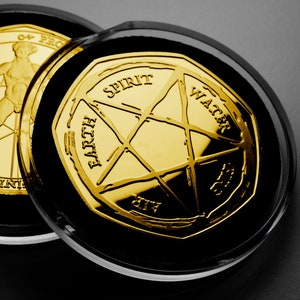 MAGIC ELEMENTS 24ct Gold Commemorative in Capsule. Pentagram, Circle of Life. Alchemy/Astrology. Energy/Life/Universe/Nature/Earth/Wind/Fire