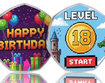 18th Birthday Full Colour Silver Commemorative Coin. Gift/Present Retro/Gaming Congratulations Celebrating 18 Years Son/Daughter/Grandson
