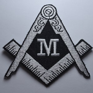 Large MASONIC Sew/Iron on Embroidered Patch. Square & Compasses, M, Masons/Freemasonry/Freemasons/Order/Lodge 80mm