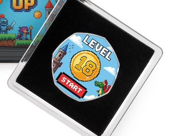 18th Birthday Full Colour Silver Commemorative Coin in Gift Case. Present Retro/Gaming Congrats Celebrating 18 Years Son/Daughter/Grandson