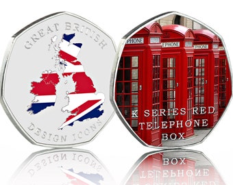 Moneta commemorativa in argento a colori per cabina telefonica rossa per album/collezionisti/caccia alle monete 50p. Grandi icone del design britannico