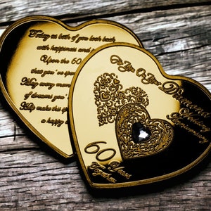 60 ANIVERSARIO DE BODAS DE DIAMANTES Conmemorativo en forma de corazón. Piedra preciosa. Regalo/Presente. Marido/Esposa de Oro 60 años Socio/Regalo/Presente/Token