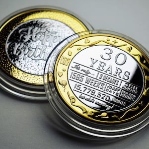 Conmemorativo del 30.º cumpleaños en doble metal, plata y oro de 24 quilates. Regalo/Presente Celebrando 30 Años Hijo/Hija Moneda/Cápsula Hijo/Hija