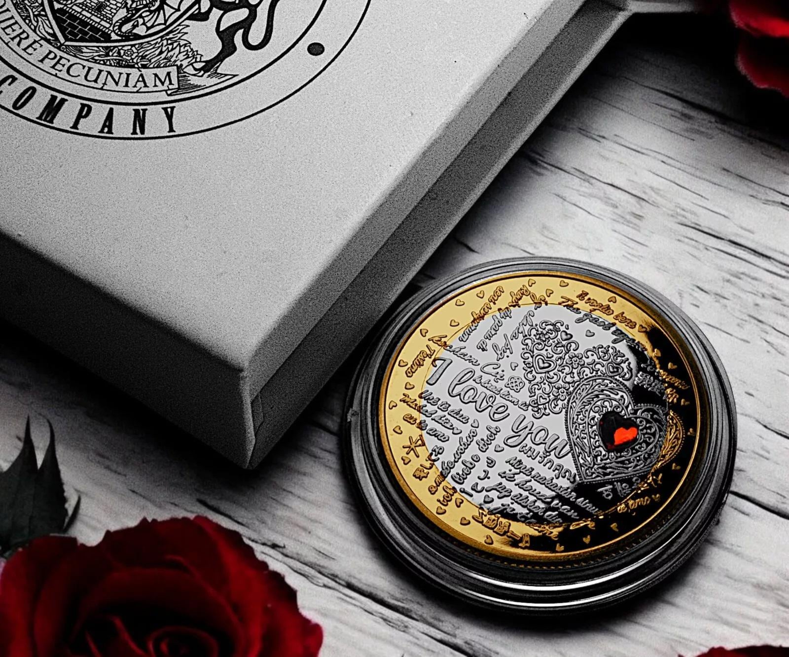 ハッピーバレンタインデー「愛しています」シルバー＆24カラットゴールド記念コイン。ギフトボックス入り。宝石。夫/妻/ガールフレンド/ボーイフレンドへのギフト/プレゼント。