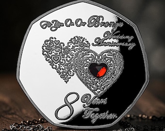 On Our 8th BRONZE WEDDING ANNIVERSARY Commemorative Coin with Gemstone. Silver. 8 Years of Marriage. Gift/Present for Partner/Husband/Wife