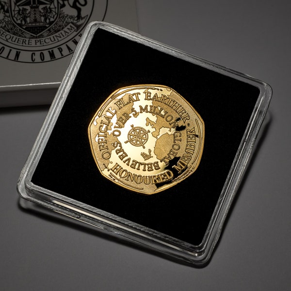 Conmemorativo oficial de Flat Earther/Earth de oro de 24 quilates en estuche de regalo. ¡Moneda de membresía! ¡5 millones de miembros globales! Regalo/Presente
