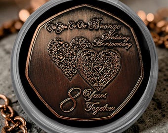 On Our 8th BRONZE WEDDING ANNIVERSARY Commemorative Coin in Capsule. Bronze. 8 Years of Marriage. Gift/Present for Partner/Husband/Wife