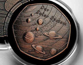 OUR SOLAR SYSTEM Antique Bronze Commemorative Coin in Capsule. Planets/Stars/Sun/Moon Space/Universe Earth/Venus/Mars