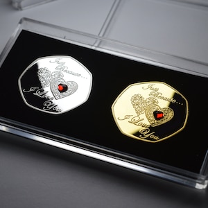 Par de conmemorativos de plata y oro de 24 quilates con piedras preciosas &#39;Just Because I Love You&#39;. Regalo/presente marido/esposa. Día de San Valentín