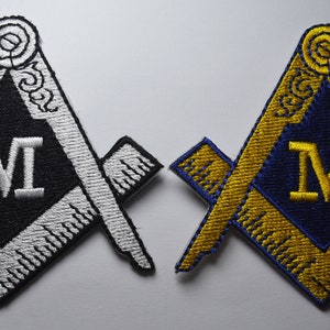 Para dużych MASOŃSKICH naszywek haftowanych do przyszycia/prasowania. Ekierka i cyrkiel, M, Masoni/Wolnomularstwo/Wolnomularstwo/Zakon/Loża 80 mm