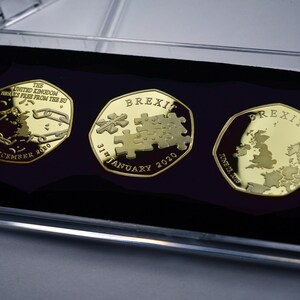Trio of BREXIT 24ct Gold Commemoratives in 50p Coin Display Case. UK EU Politics United Kingdom Europe Referendum