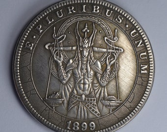 1899 Morgan Silver Dollar. Anubis/Egyptian. Carved/Hobo Coin. 38mm 23g. .999 Plated Replica/Reproduction