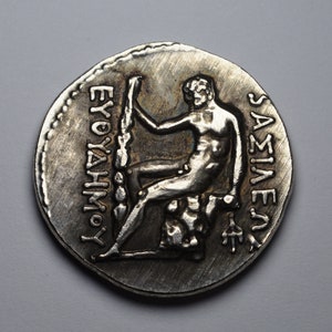 Ancient Greek Greco-Bactrian Coin 200BC. Euthydemus I with Herakles. 28mm 11g. .925 Silver Plated. Museum Quality Replica, Reproduction