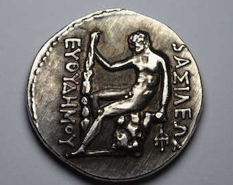 Ancient Greek Greco-Bactrian Coin 200BC. Euthydemus I with Herakles. 28mm 11g. .925 Silver Plated. Museum Quality Replica, Reproduction
