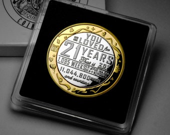 Regalo conmemorativo de 21 años en plata y oro de 24 quilates en estuche de regalo o presentación. Ideas para fiestas, regalos, presentes. Hijo o hija de 21 años