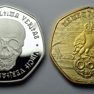 Pair of Memento Mori Silver and 24ct Gold Reminder Coins. Owl/Skull/Death Stoic/Reflection/Latin Commemoratives.
