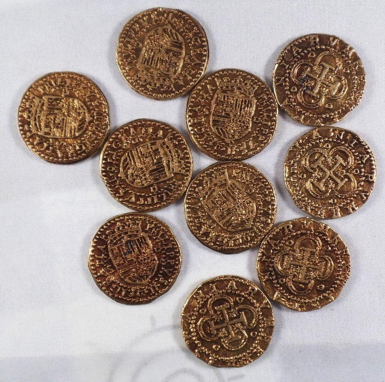 Superb Job Lot 10 Spanish Gold Doubloons Coins/Pirates/Treasure/Spanish/Gift Replicas image 3