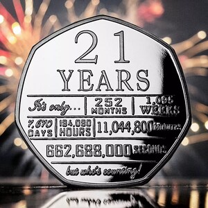 May include: A silver coin with the number 21 and the word "YEARS" printed on it. The coin also shows the number of months, weeks, days, hours, minutes, and seconds in 21 years. The text reads "It's only... 252 MONTHS | 1,096 WEEKS 7,670 DAYS | 184,080 HOURS | 11,044,800 MINUTES 662,688,000 SECONDS but who's counting!"