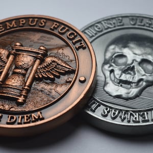 Pair of Memento Mori/Vivere Reminder Coins in Capsules. Owl/Wisdom/Skull/Hourglass. Stoic/Reflection. Tempus Fugit. High Relief, Heavy
