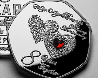 On Your 8th BRONZE WEDDING ANNIVERSARY Commemorative Coin with Gemstone. Silver. Gift/Present for Couple Husband/Wife 8 Years of Marriage