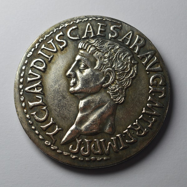 Large Roman Silver Emperor Claudius Coin with Ceres. 3.4cm 17g .925 Silver Plated. Museum Quality Replica, Reproduction