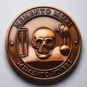Puede incluir: Una moneda de color cobre con la frase latina "Memento Mori" y "Memento Vivere" inscrita alrededor del borde. La moneda presenta una calavera, un reloj de arena y una bomba con una mecha encendida.