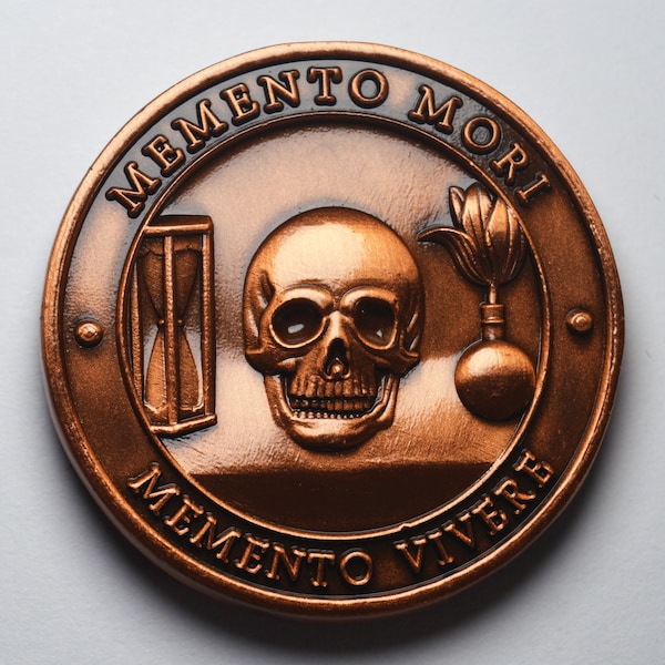 Memento Mori/Vivere Copper Reminder Coin in Capsule. Mors Vincit Omnia. Stoic/Reflection. High Relief, Carved, Hobo, Heavy