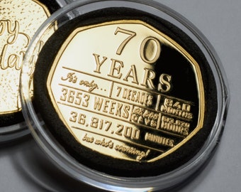 70th Birthday 24ct Gold Commemorative in Capsule. Gift/Present Celebrating/Party/Ideas 70 Years Grandad/Grandma Coin Mum/Dad Who's Counting'