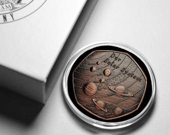 OUR SOLAR SYSTEM Antique Bronze Commemorative Coin in Gift Box. Planets/Stars/Sun/Moon Space/Universe Earth/Venus/Mars