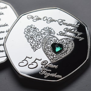 55th EMERALD WEDDING ANNIVERSARY .999 Silver Commemorative with Gemstone. Gift/Present 55 Years Together